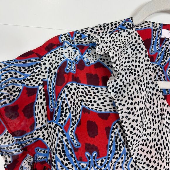 Parker Peplum Top Leopard Silk Small Red White Cheetah Print Ruffle Short Sleeve - Picture 10 of 14